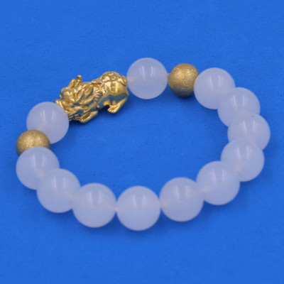 Chuỗi đeo tay Thạch Anh Trắng 12 ly - cẩn Tỳ Hưu Phong thủy inox vàng VTATTHHBV12 - hợp mệnh Kim, mệnh Thủy