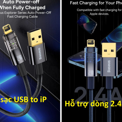 Cáp sạc dành cho iPhone 2.4A tự ngắt khi đầy Baseus Explorer Series CATS000401- Hàng chính hãng