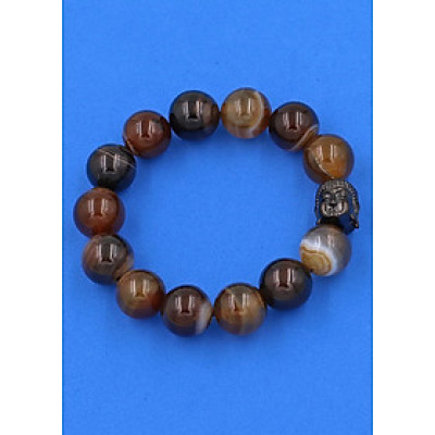 Vòng đeo tay mã não nâu sọc 14 ly cẩn hạt Phật A Di Đà inox đen VMNNSNLE14 - hợp mệnh Kim, mệnh Thổ