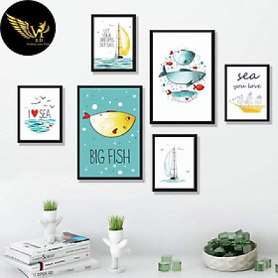 Tranh treo tường trang trí phòng khách, phòng ngủ bé yêu, tông xanh dương, chủ đề biển xinh xắn,Tặng kèm khung và đinh ba chân treo tranh chuyên dụng PVP-TP223