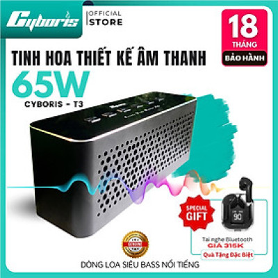 Loa Nghe Nhạc Bluetooth Cyboris T3, Loa siêu Bass Công suất 65W, Chống nước IPX5, Pin 6600mAh. Hàng Chính Hãng