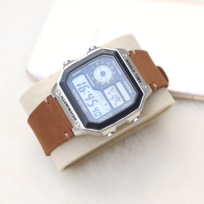 Dây đeo da thay thế đồng hồ Casio AE1200 - Handmade- Da sáp Nâu vàng