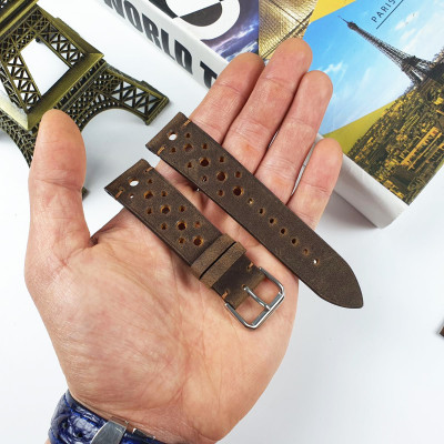 [Da thật] Dây đồng hồ handmade da bò sáp AL116 (Nâu) (Kèm hộp + phụ kiện) Size 20/Size 22 - 100% da bò thật