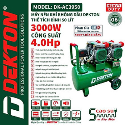 Máy Nén Khí 4HP/50L Dekton Khong Dầu / DK-AC3950 / 42 Giây Đầy Bình, 100% Dây đồng, BH chính hãƞg