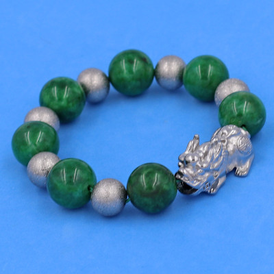 Vòng chuỗi đeo tay đá cẩm thạch đông ninh 14 ly ( size lớn ) charm tỳ hưu và bi inox, vòng tay chuỗi hạt