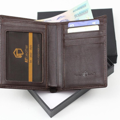 Ví đứng da bò nam cao cấp AT Leather 062 (12 x 9.5 cm) - Nâu