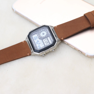 Dây đeo da thay thế đồng hồ Casio AE1200 - Handmade- Da sáp Nâu vàng