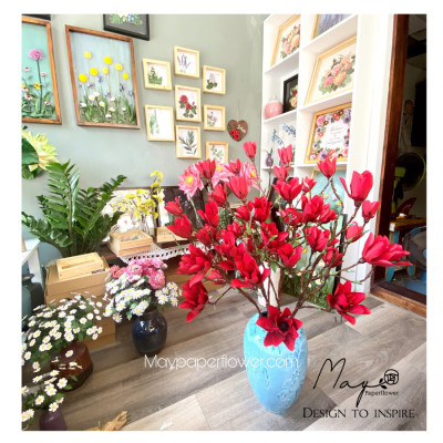 Hoa giấy trang trí, Hoa Mộc Lan đỏ handmade Maypaperflower - hoa giấy nghệ thuật, hoa cắm bình, decor nhà ở văn phòng