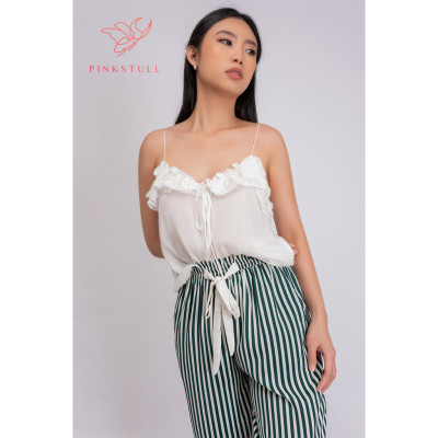Bộ đồ ngủ hai dây dài Pink Stull quần sọc xanh lá- áo trắng bèo