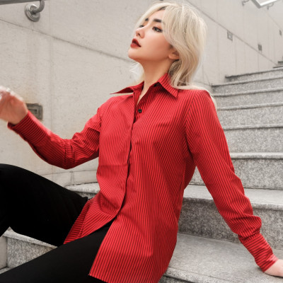 Áo somi giấu nút sọc đỏ