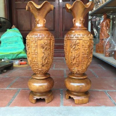 Cặp lục bình trạm khắc tứ quý phong thủy hút tài lộc ,bằng gỗ bách xanh thơm nức kt cao30×10cm