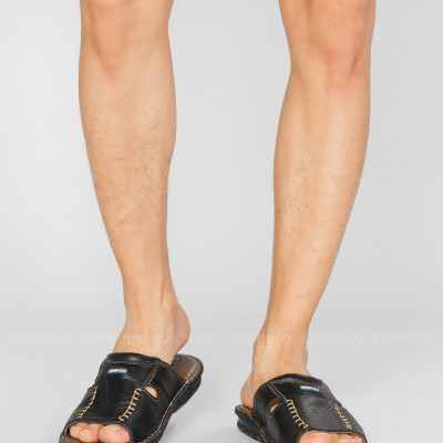 Dép Nam Quai Ngang Da Bò Cao Cấp SUNPOLO SUA12D - Đen