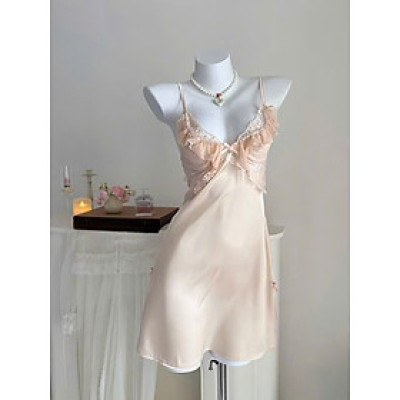 Váy Ngủ D721 Lụa Quảng Châu Cao Cấp Đính Nơ Viền Bèo Tiểu Thư Xinh Xắn