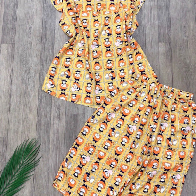 Đồ bộ nữ, đồ ngủ mặc nhà lửng tay cánh tiên vải lanh mềm ,mát BL 183 họa tiết dễ thương size 45-70kg.