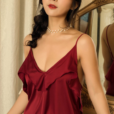 Đầm ngủ lụa 2 dây phối bèo nhún ngực