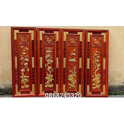 Tranh tứ quý bốn mua trong năm ,xuân ,hạ ,thu ,đông ,bằng gỗ hương đỏ sơn pu dát vàng cao cấp kt 37×107×3cm 