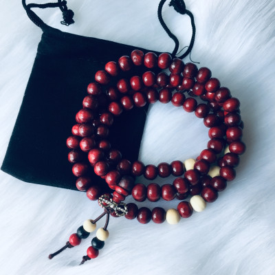 Combo Vòng đeo tay Chuỗi 108 hạt gỗ tự nhiên, Phong cách Phật Giáo, thắt nơ, đính Kim Cang Chùy, Kèm túi Nhung.