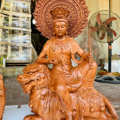 Tượng phật văn thù _phổ hiền bồ tát bằng gỗ hương đá kt cao 42×35×20cm +cả lá chắn bồ đề cao tổng 62cm