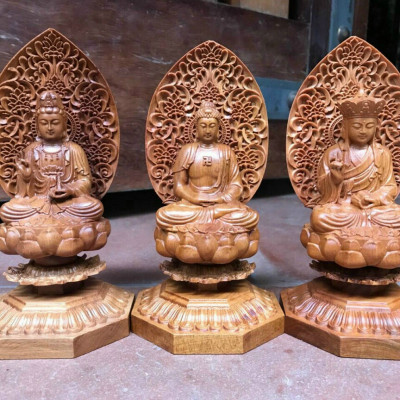 Bộ tượng phật tam thánh ngồi đài sen mini kt cao 15×8cm