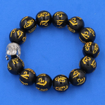 Vòng đeo tay Thạch Anh Đen Phật chú 14 ly cẩn hạt Phật A Di Đà inox bạc VTAEPVNLT14