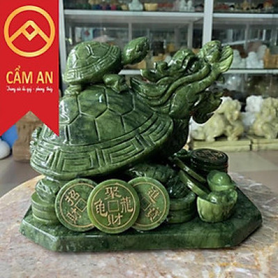 Tượng Long Quy ( Rùa đầu rồng ) cõng con phong thủy đá ngọc Serpentine Ấn độ - Dài 22 cm