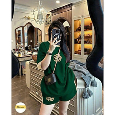 Bộ đồ ngắn thun cotton trơn đơn giản thêu hoa quần ngắn