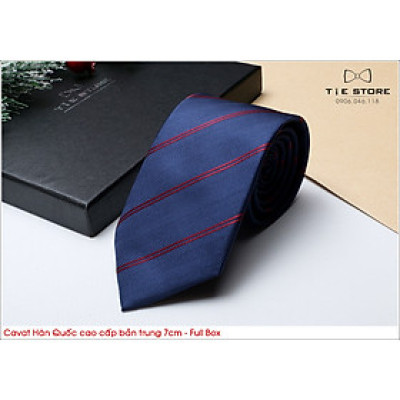 Cà Vạt Nam Bản Trung 7Cm Xanh kẻ đỏ - Cavat Hàn Quốc Cao Cấp Full box