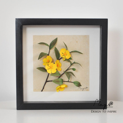 Tranh Hoa Giấy Handmade Trang Trí - Hoa Mai Kết Hợp Giấy Dó MAYPAPERFLOWER Khung Tranh Gỗ Size 25x25cm