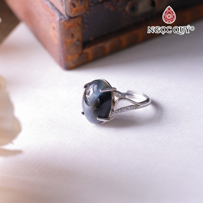 Nhẫn bạc mắt hổ xanh đen mỏng Freesize mệnh thủy, mộc - Ngọc Quý Gemstones