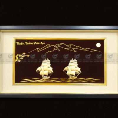 Tranh đôi thuyền buồm dát vàng 24k (50x90cm) MT Gold Art- Hàng chính hãng, trang trí nhà cửa, quà tặng sếp, đối tác, khách hàng.