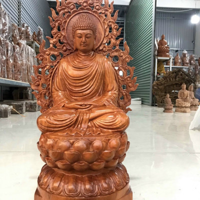 Tượng phật thích ca bằng gỗ hương đá kt cao 40×20×20cm+ lá chắn hòa quang 50cm