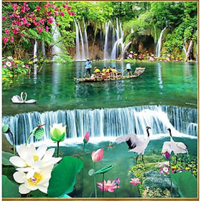 Tranh dán tường 3D phong thuỷ thác nước - vải lụa kim tuyến