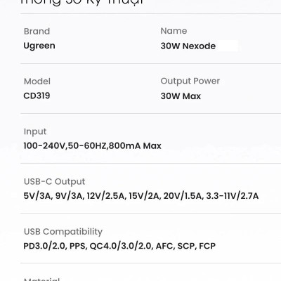 Ugreen UG15324CD318TK 20W 1c GaN Nexode chuẩn cắm EU chân tròn Màu Trắng Củ sạc nhanh USB-C - HÀNG CHÍNH HÃNG