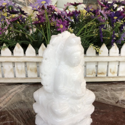 Tượng Phật Bà Quan Âm 2 mặt ngồi đài sen có hào quang đá trắng - Cao 12 cm và 15 cm