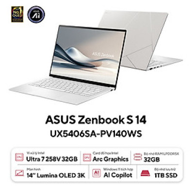 Laptop Asus Zenbook S 14 OLED UX5406SA-PV140WS (Intel Core Ultra 7 Processor 258V | 14 inch 3K OLED | Intel Arc | 32GB | 1TB | Win 11 | Office |Trắng) - HÀNG CHÍNH HÃNG