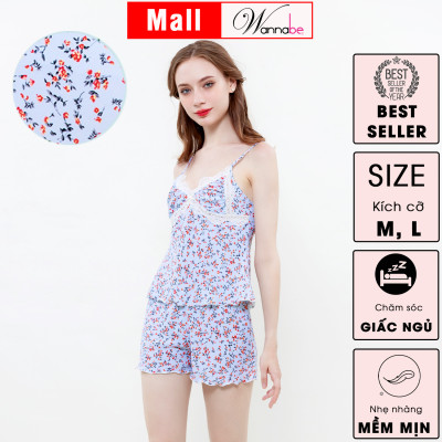 Đồ bộ mặc nhà WANNABE BSS93 đồ bộ quần sọt mặc với áo ngủ 2 dây nhúng phồng cúp ngực phối ren lượn sóng tạo sự đầy đặn