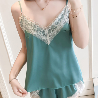 Bộ Đồ Nữ Phi Lụa Quần Ngắn Viền Ren Trắng