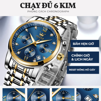 Đồng Hồ Nam OLEVS-2858 Mặt Tròn Mạ Vàng 18k Chống Nước Chạy Đủ 6 Kim Có Ô Lịch Ngày Khóa Bướm Có Hộp In Logo Chính Hãng