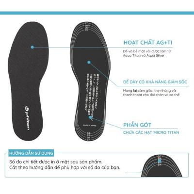 Lót giày êm chân Phiten insole flat TI146003/TI146004 giảm đau, mỏi, giảm sốc dùng thường ngày