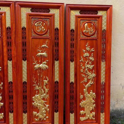 Tranh tứ quý bốn mua trong năm ,xuân ,hạ ,thu ,đông ,bằng gỗ hương đỏ sơn pu dát vàng cao cấp kt 37×107×3cm 