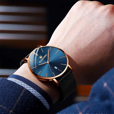 Đồng Hồ Nam Chính Hãng ECONOMICXI Dây Thép Mành Đen Kích Thước Mặt 40mm Có Lịch Ngày - Thiết Kế Nam Tính ECNTA23