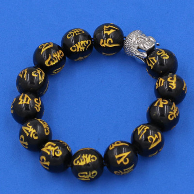 Vòng đeo tay Thạch Anh Đen Phật chú 14 ly cẩn hạt Phật A Di Đà inox bạc VTAEPVNLT14