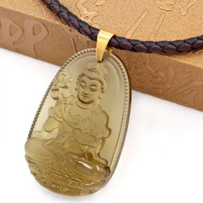 Vòng cổ dây da Đại Thế Chí Bồ Tát đá Obsidian 5cm - phật bản mệnh tuổi Mùi, tuổi Thân