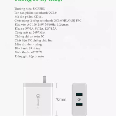 Ugreen UG40715CD161TK 36W màu Trắng Củ sạc nhanh 2 cổng USB chuẩn QC 3.0 - HÀNG CHÍNH HÃNG