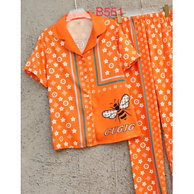 Bộ đồ ngủ GC tay ngắn quần dài lụa quảng châu cao cấp in họa tiết con ong