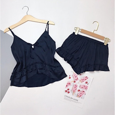 Bộ đồ ngủ nữ mặc nhà 2 dây lụa cao cấp mềm mại hàng thiết kế Màu Xanh ngọc .