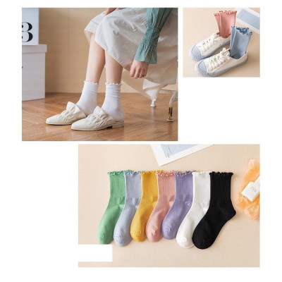 Tất cổ cao nữ bèo nhún, vớ bèo nhún nữ cổ cao màu trơn basic thời trang Vintage Hàn Quốc