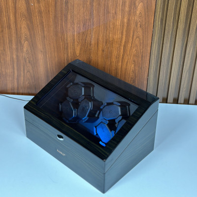 [BH 2 Năm Động Cơ] Hộp Đồng Hồ Cơ 6 Xoay + 6 Tĩnh SAIKE Vỏ Gỗ Sơn Vân Gỗ Mun Có Đèn Led