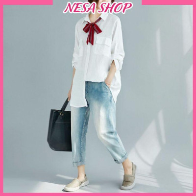 Áo sơ mi nữ trắng dài tay, áo form rộng, chất liệu Đũi tơ mềm mịn, sơ mi nữ đẹp phong cách Hàn Quốc NeSa Shop AKH.47