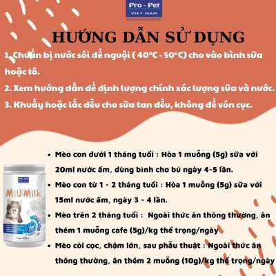 Sữa cho Mèo Pro-pet Miu Milk Bổ sung dinh dưỡng Tăng cường hệ miễn dịch Răng xương chắc khỏe Tiêu hóa tốt Sx tại VN